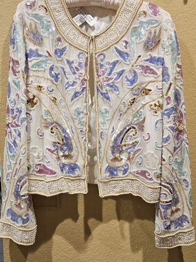 Embroidered Beaded Cream Multicolor Jacket by DELLA ROUFOGALI